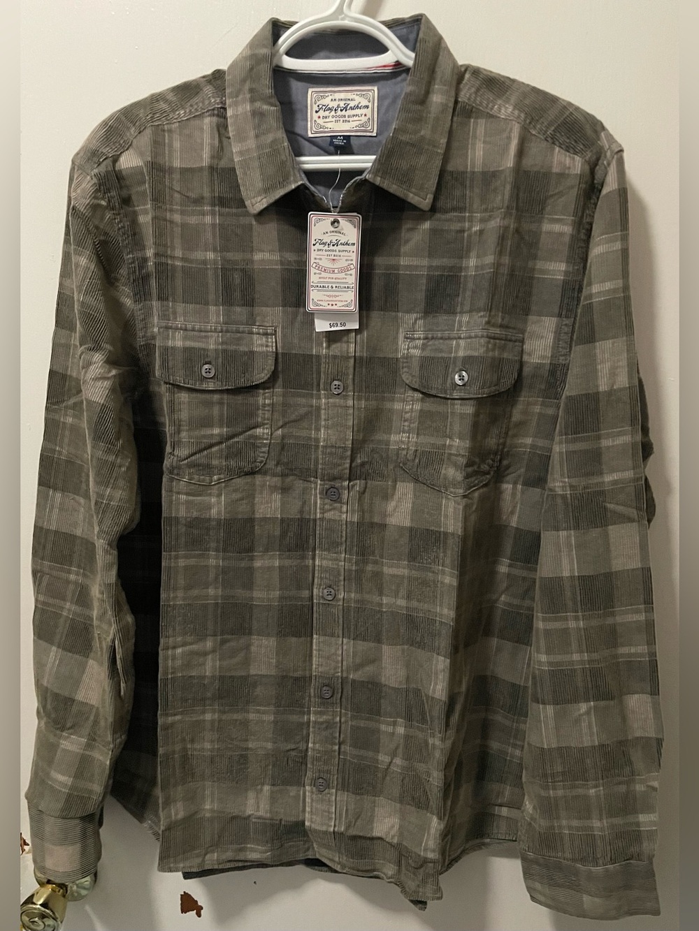 Flag & Anthem Men’s Plaid Button-Up Long Sleeve Corduroy Shirt Brown Size Medium